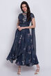 Navy Blue Cotton Silk Flared Kurta Slim Pant Suit Set image number 0