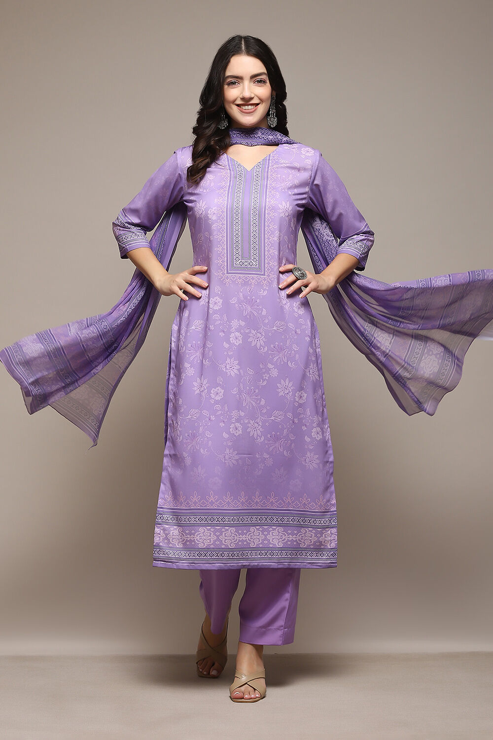 Lavendar Silk Blend Digital Print Unstitched Suit Set image number 1