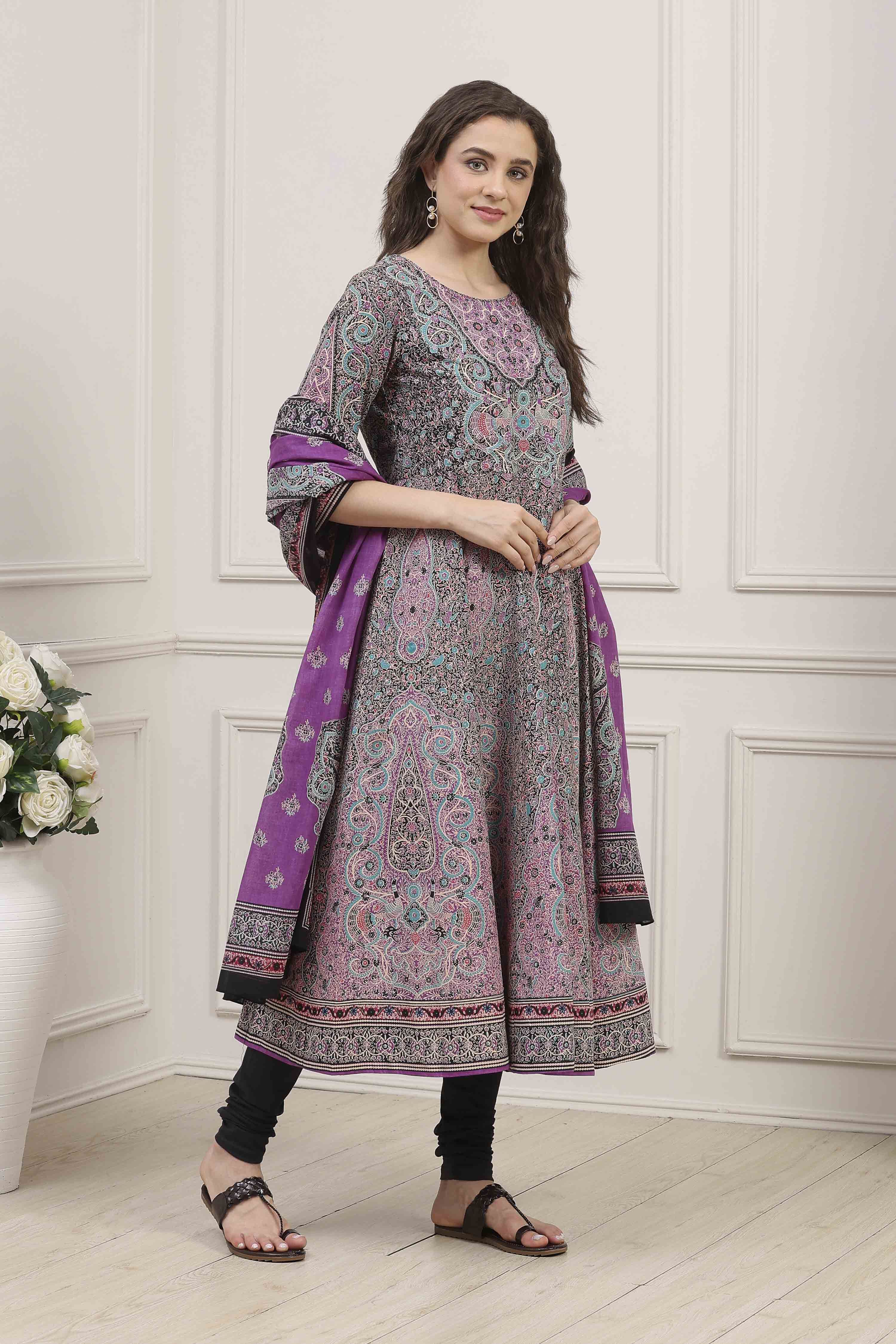 Purple Cotton Printed Anarkali Suit Set image number 5