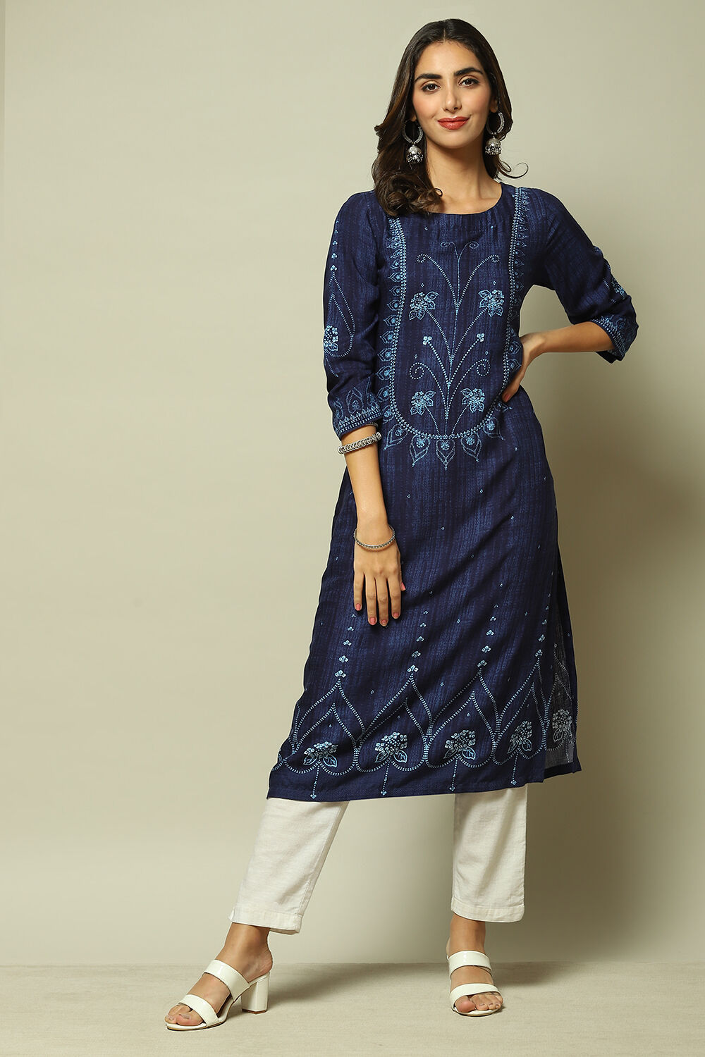 Indigo LIVA Straight Printed Kurta image number 6