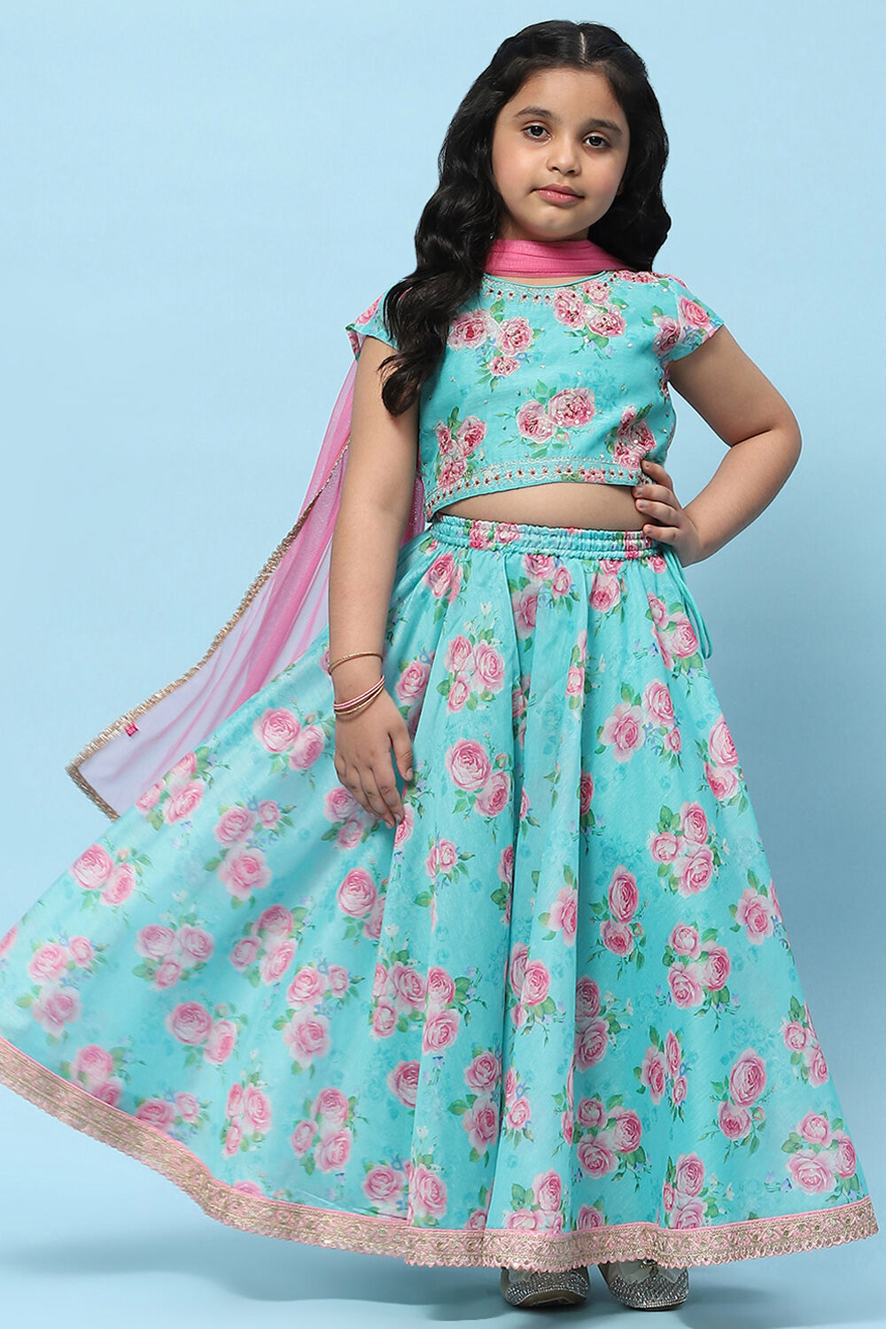 Blue Poly Chanderi Floral Printed Flared Lehenga Set image number 0