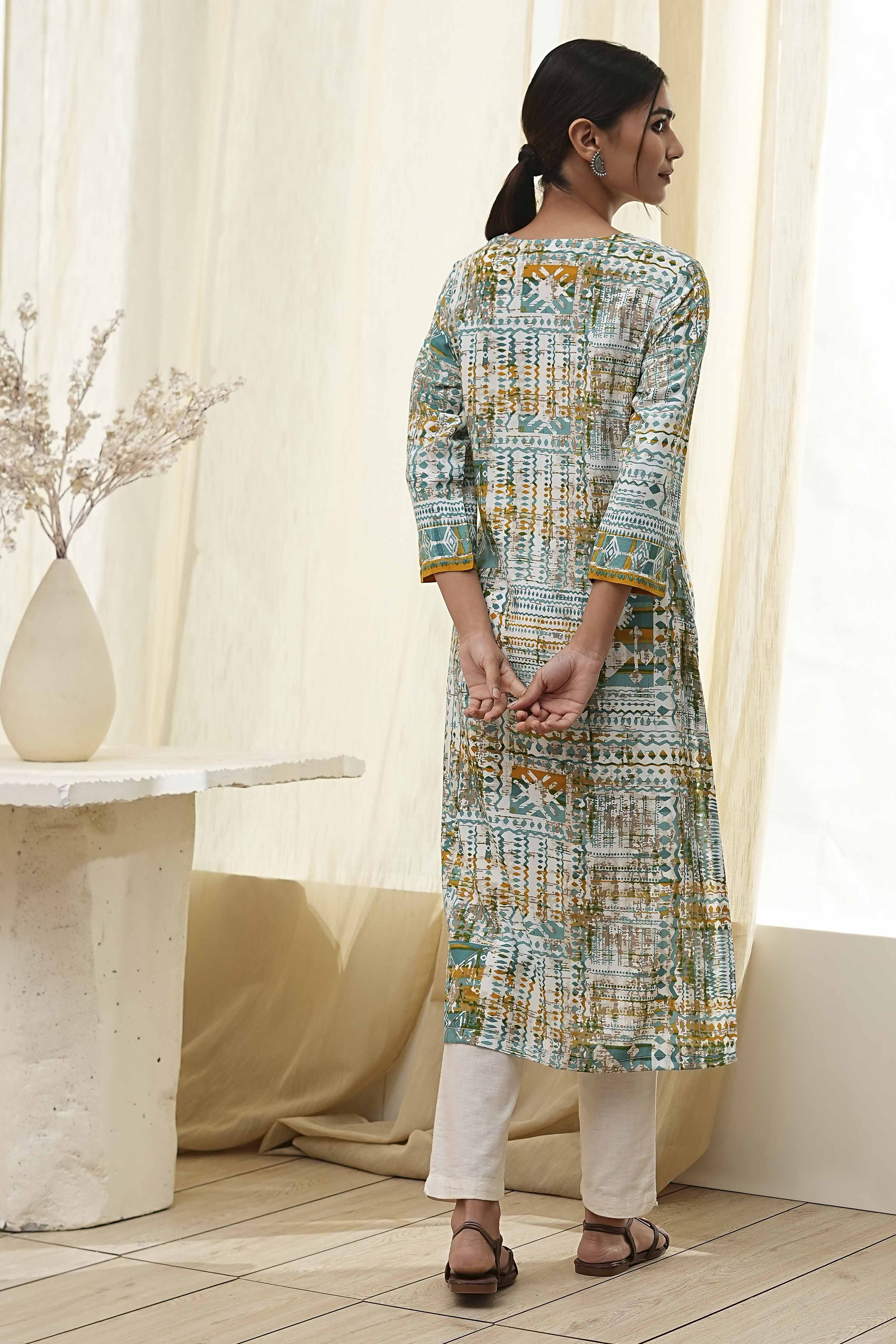 Teal Printed Straight Kurta image number 3