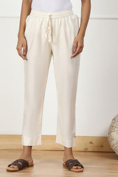 Cream Poly Viscose Slim Yarndyed Pants image number 4