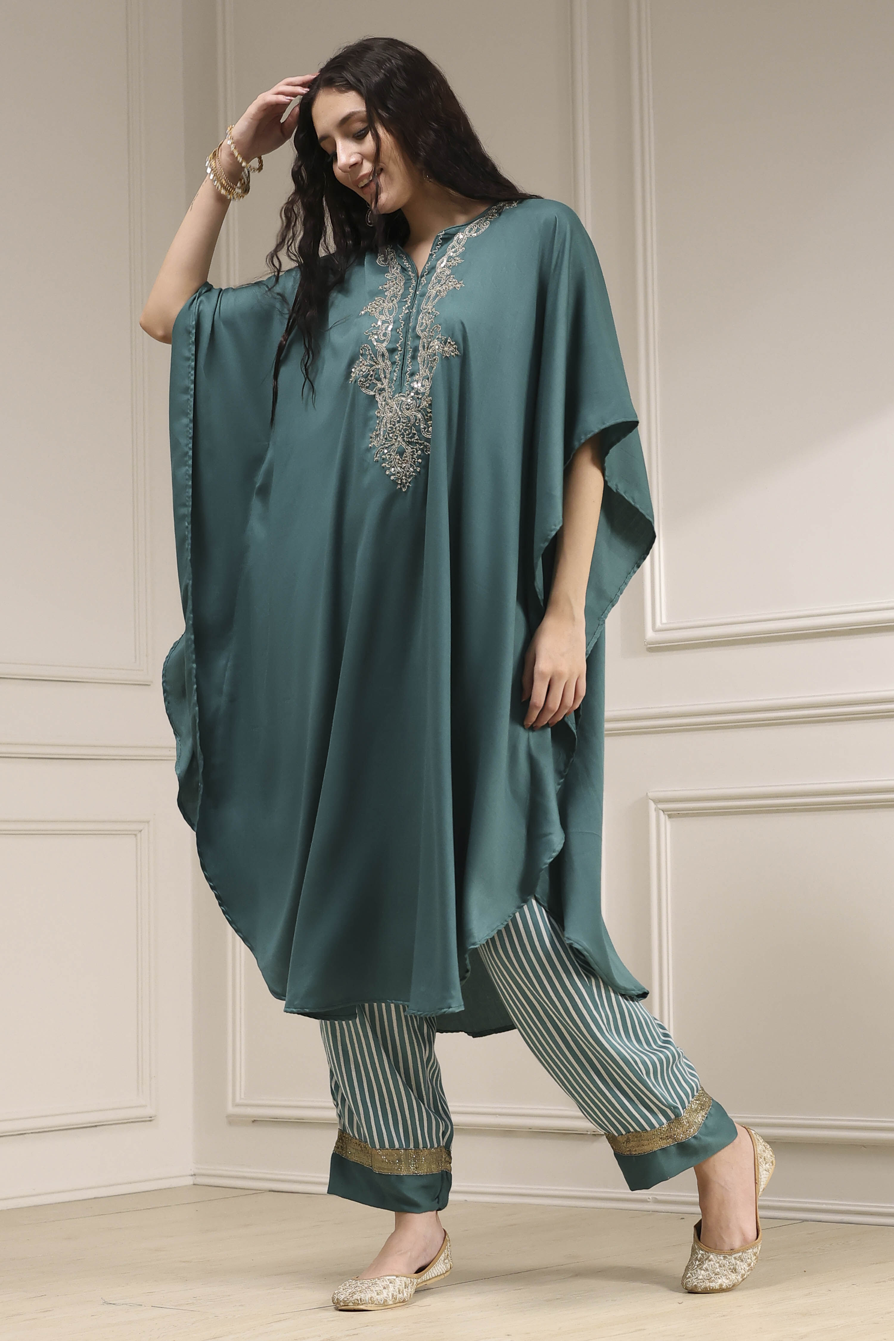 Sage Green Modal Solid Kaftan Fusion Kurta Set image number 3