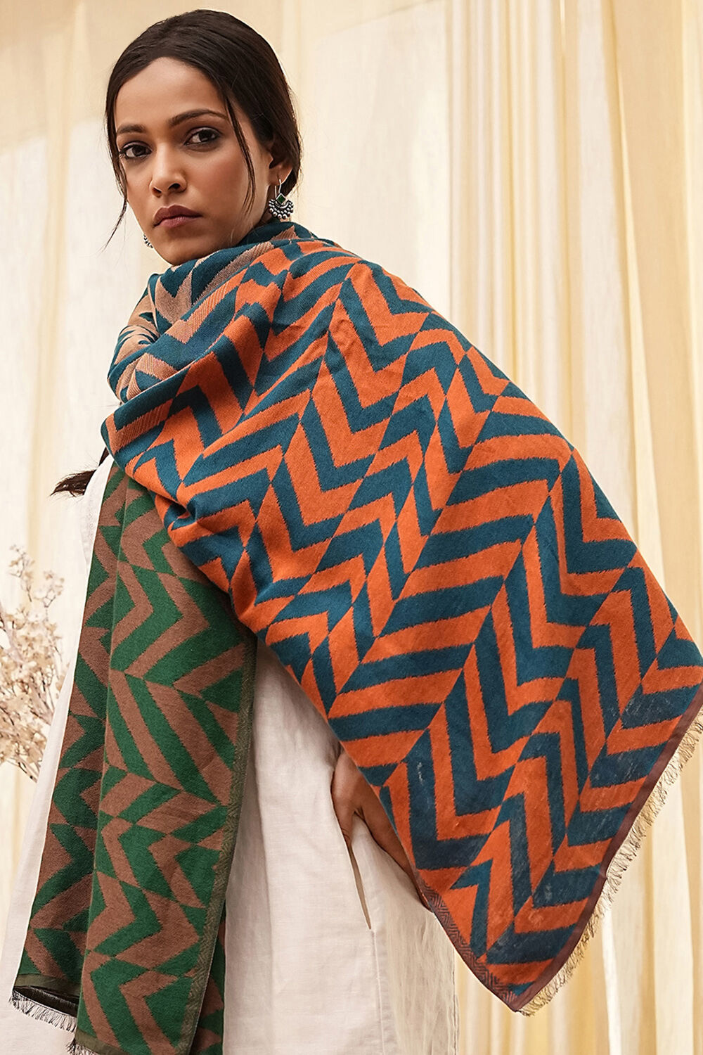 Navy & Orange Cotton Blend Dupatta image number 3