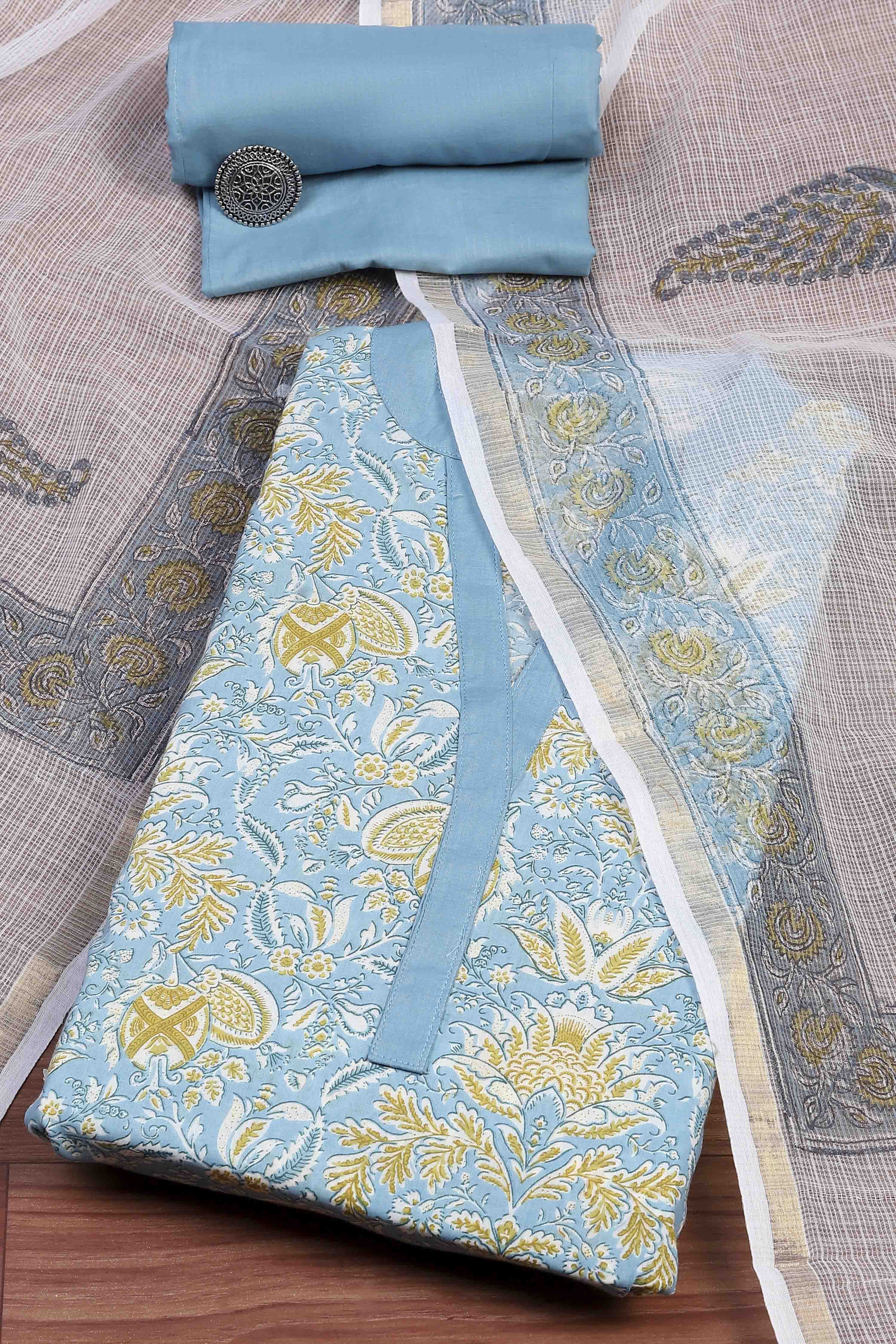 Pink Cotton Hand Block Print Unstitched Suit Set image number 0