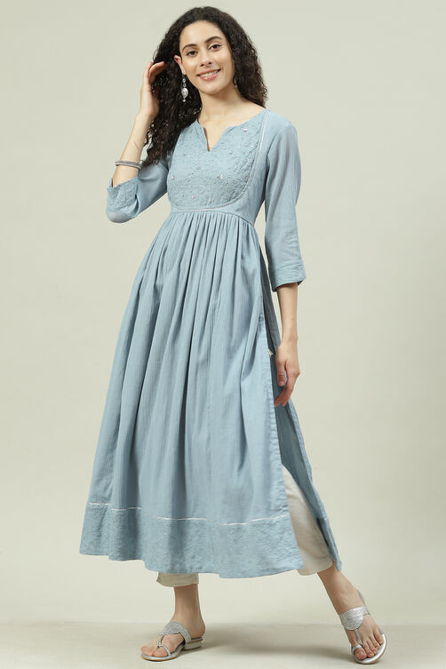 Blue Cotton Flared Solid Kurta Dress image number 5