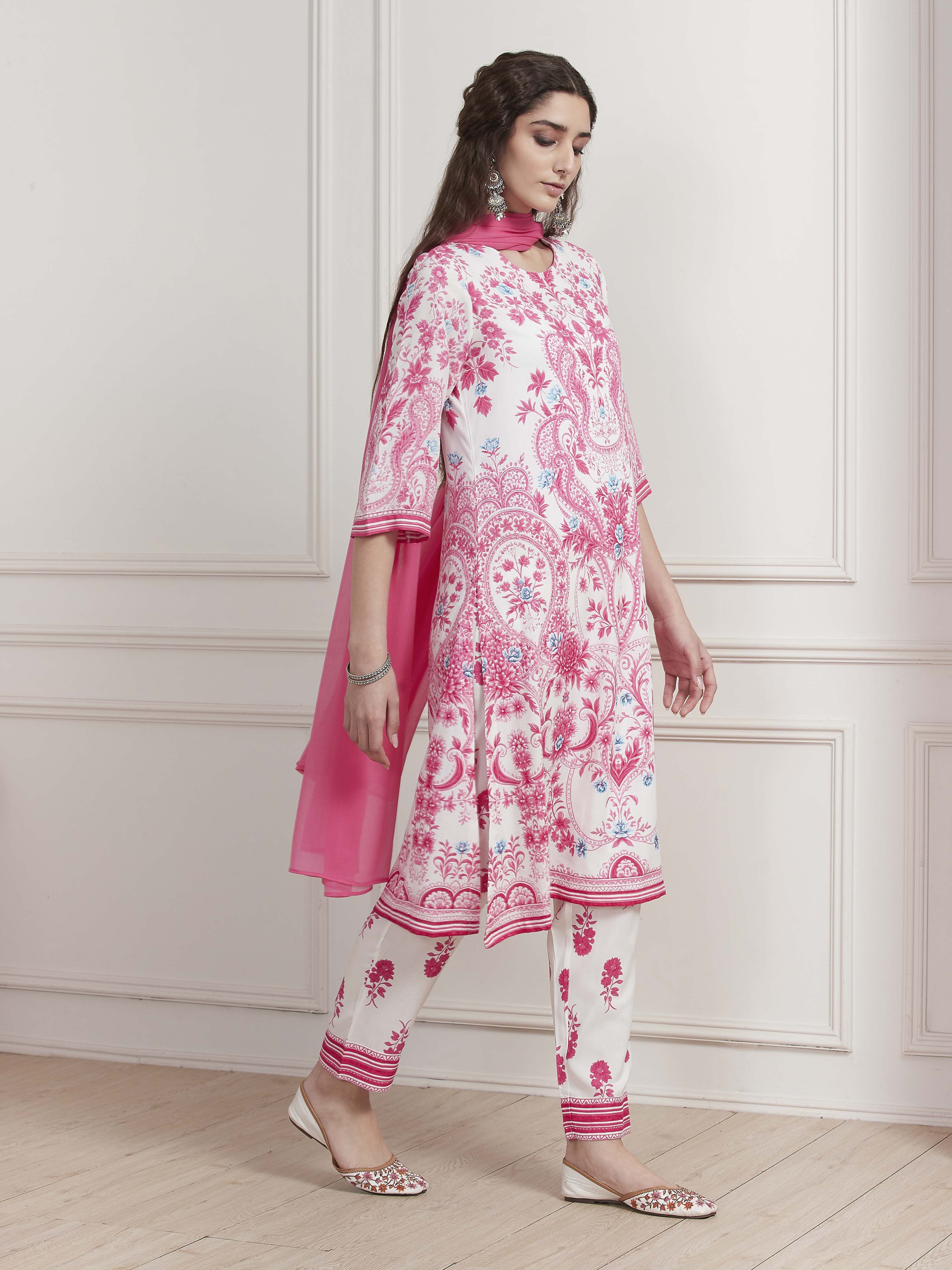 Pink and White Printed Straight Suit Set image number 5