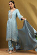 Blue Viscose Blend Yarn Dyed Straight Suit Set image number 0