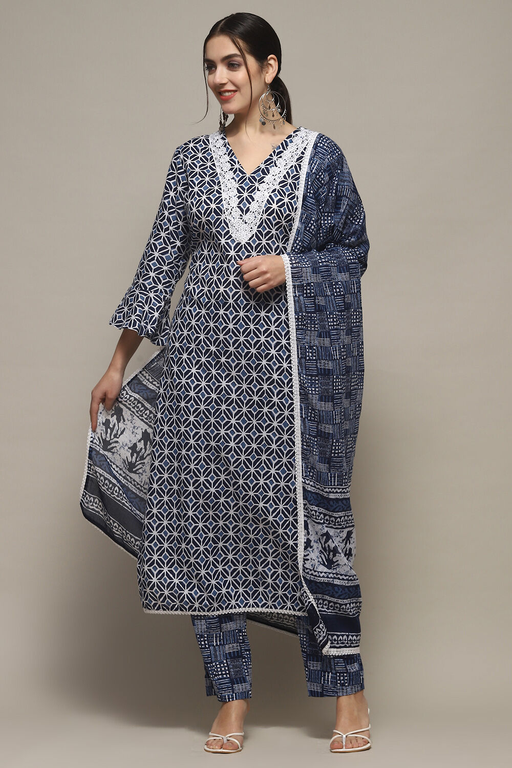 Indigo Cotton Unstitched Suit set image number 1