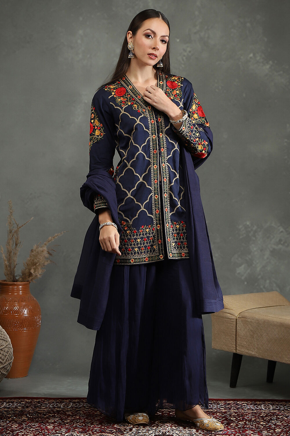 Rohit Bal Blue Silk Chanderi Floral Straight Suit Set image number 5
