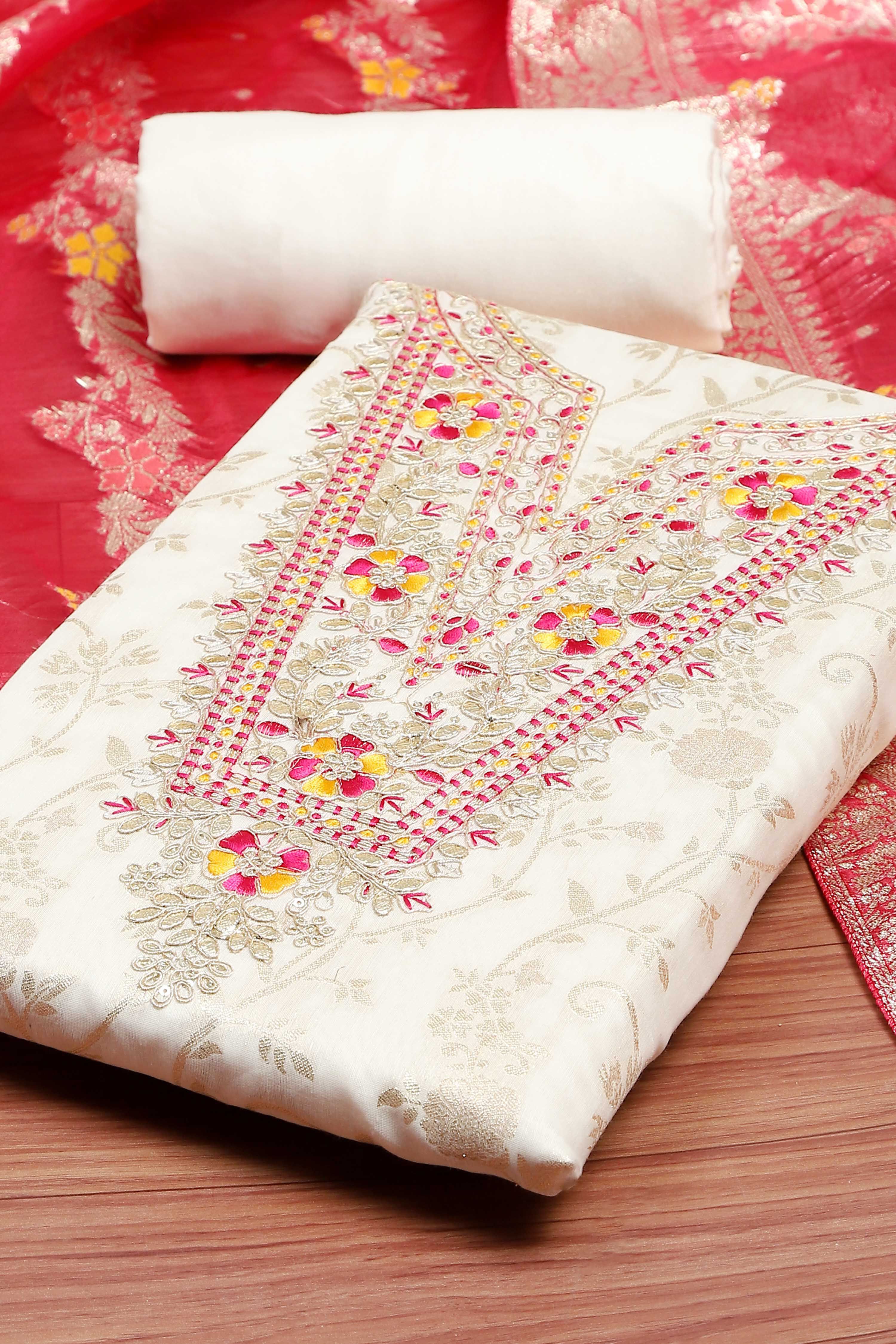Red Tissue Chanderi Embroidered Unstitched Suit Set image number 1