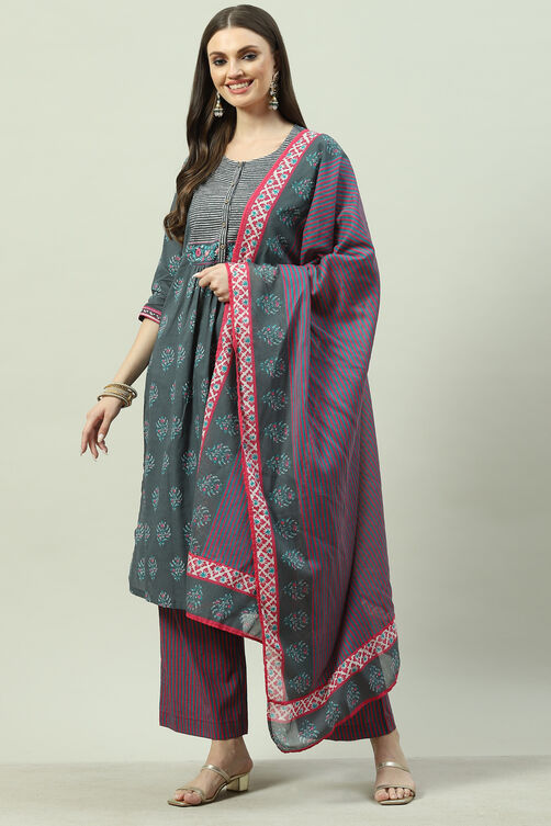 Blue Cotton Straight Suit Set image number 2