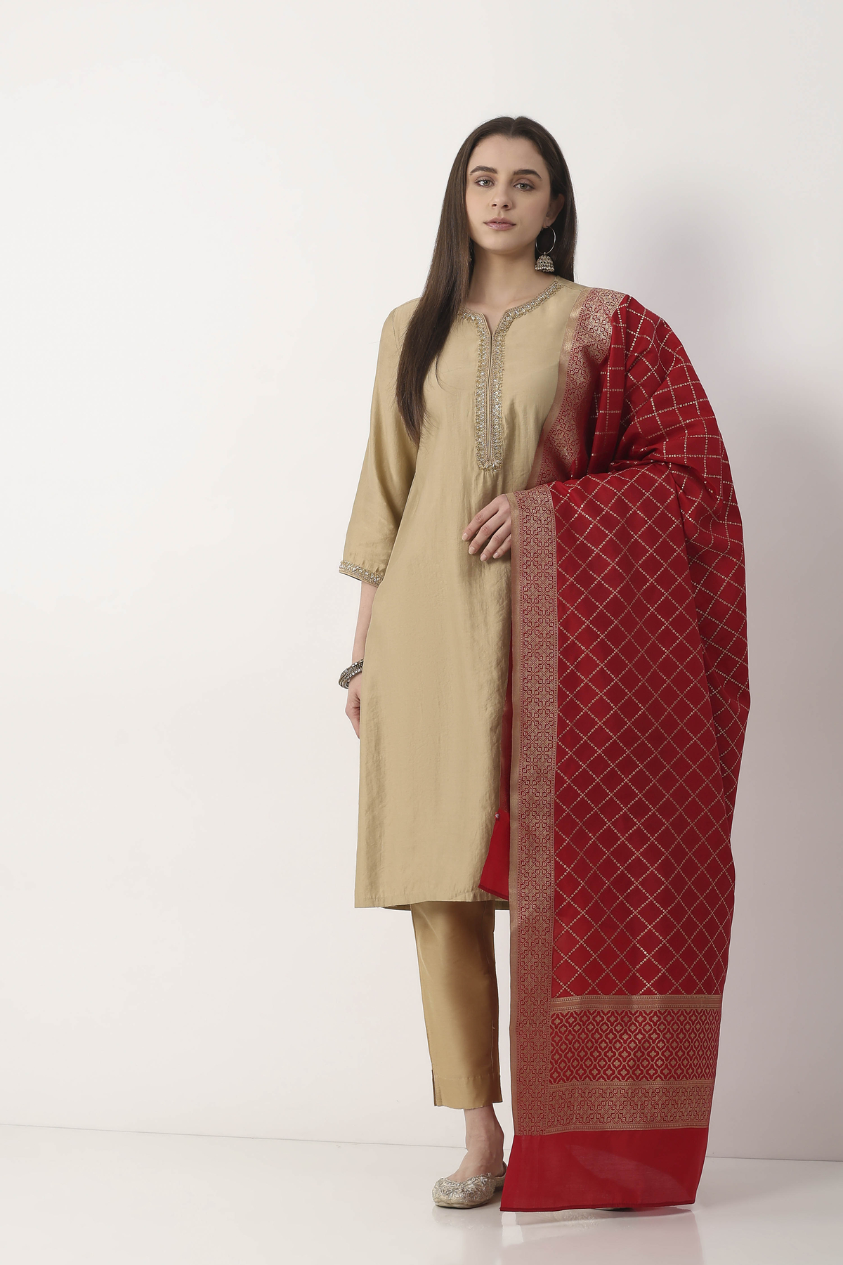 Biba by Rohit Bal Red Striped Tasseled Dupatta