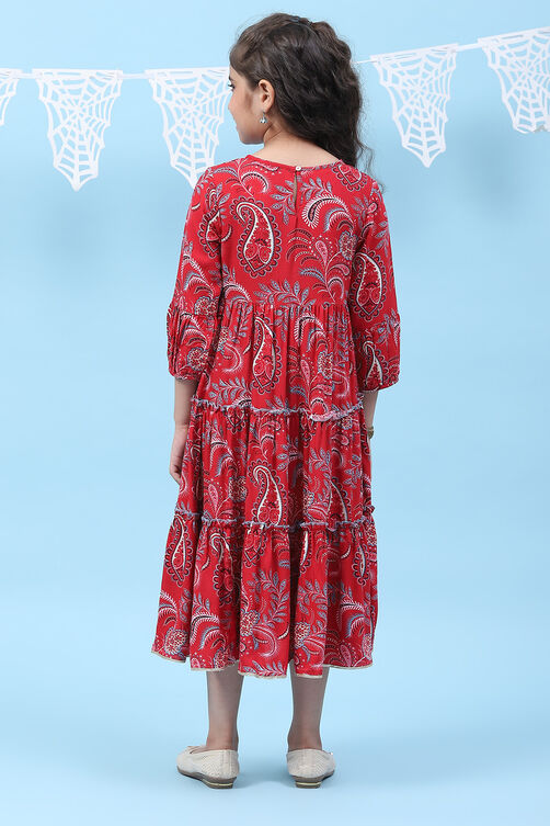 Red Rayon Tiered Printed Kurta Dress image number 4