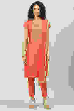 Coral Art Silk Straight Kurta Slim Pants Suit Set image number 0