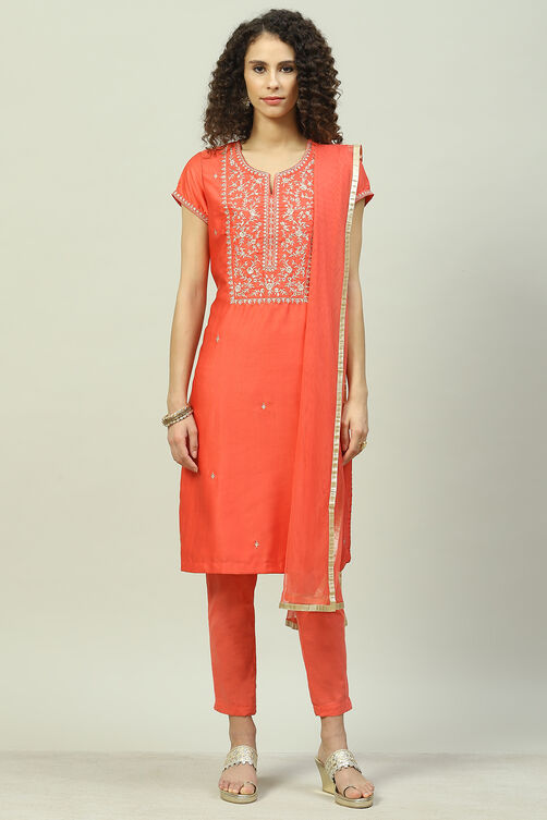 Mustard Art Silk Straight Kurta Slim Pants Suit Set image number 0