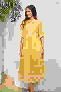Yellow Cotton Embroidered Tiered Dress image number 5