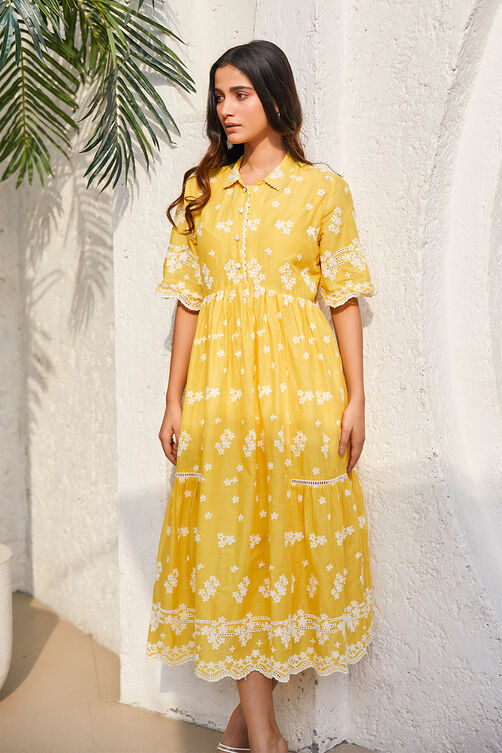 Yellow Cotton Tiered Dress image number 5