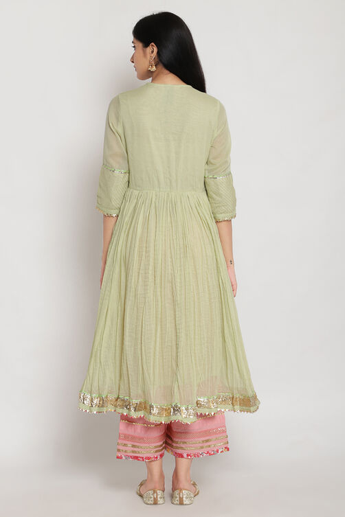 Light Green Cotton Anarkali Kurta Palazzo Suit Set image number 6