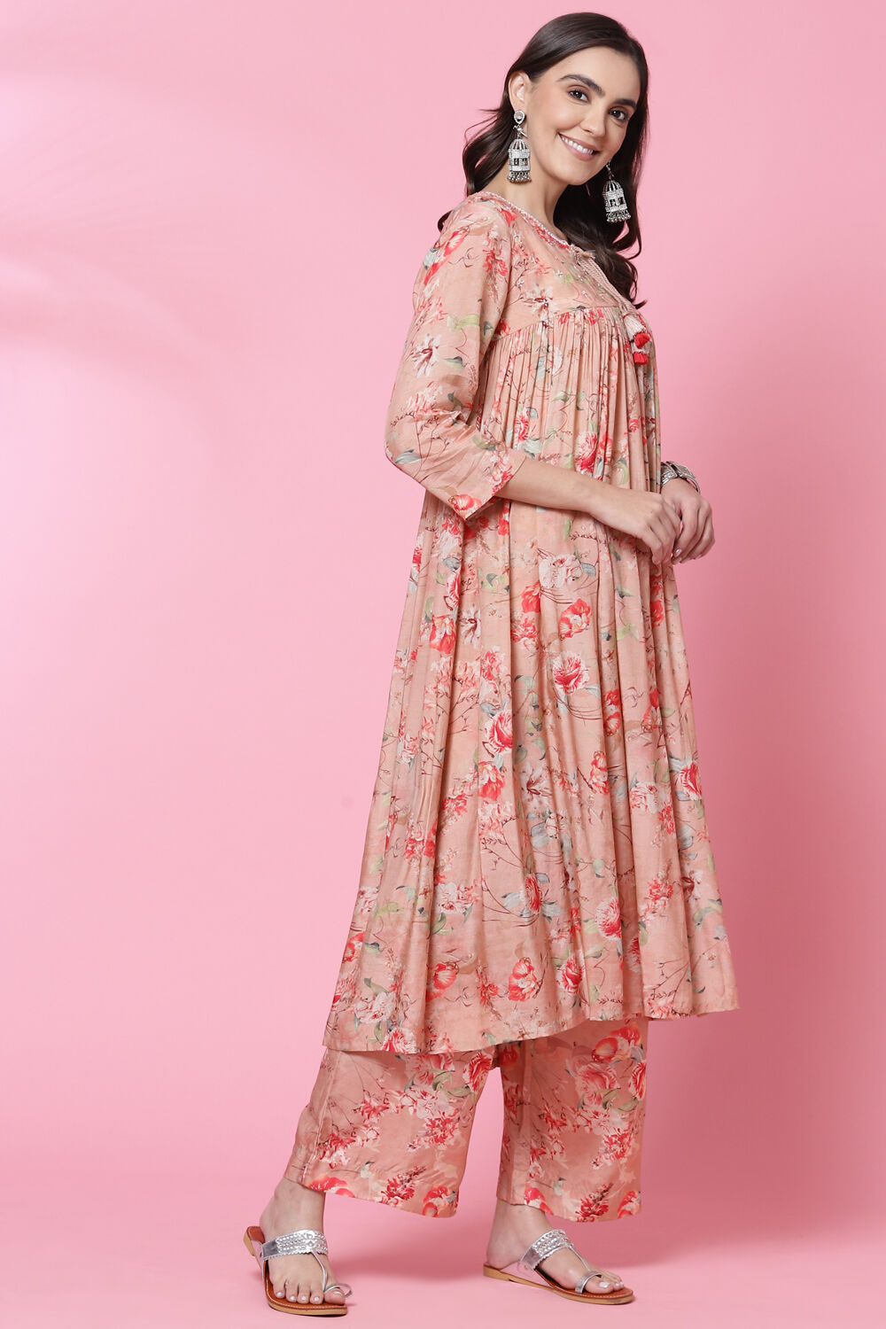 Dusky Peach Cotton Modal Flared Kurta Palazzo Suit Set image number 5