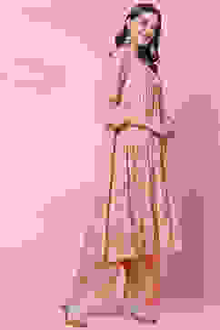 Dusky Peach Cotton Modal Flared Kurta Palazzo Suit Set image number 5