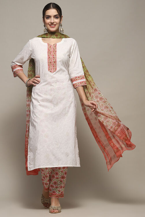 White Pink Cotton Unstitched Suit set image number 8