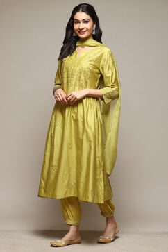 Lime Green Cotton Blend Layered Kurta Suit Set image number 6