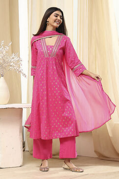 Fuchsia Cotton Printed Gathered Suit Set image number 0