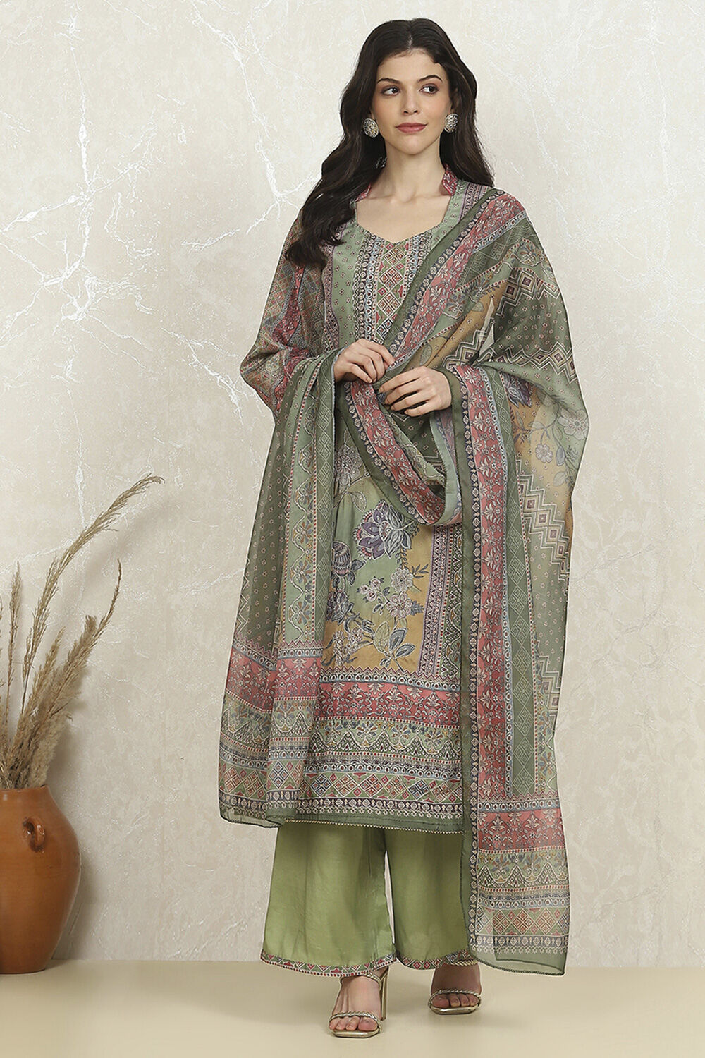 Green Crepe Printed Unstitched Suit Set image number 7