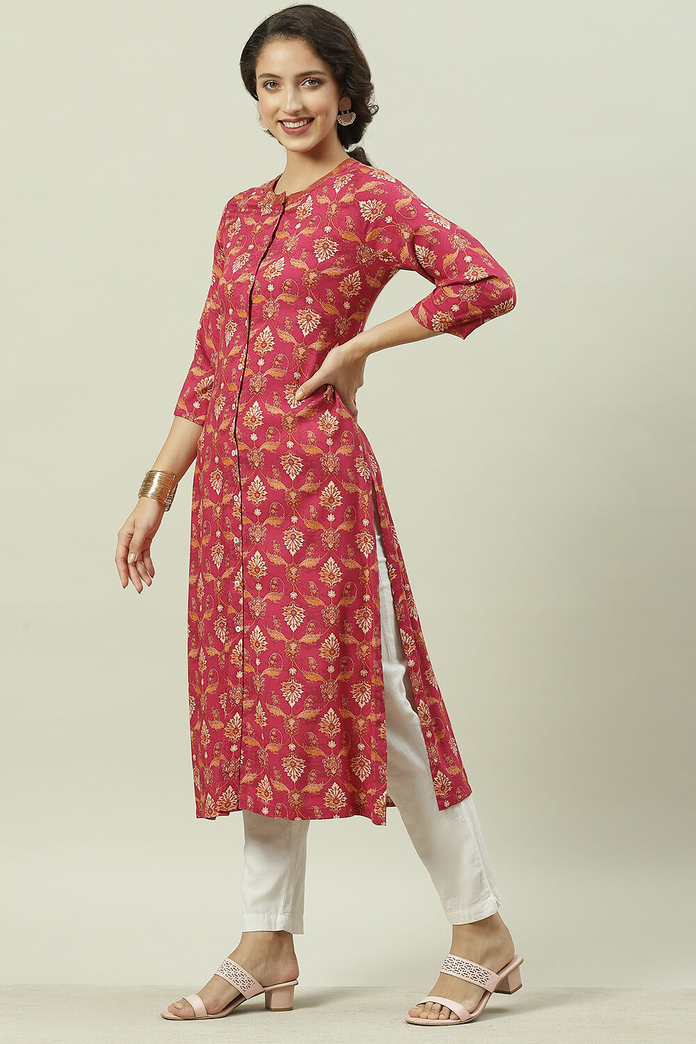 Pink Rayon Straight Printed Kurta at Biba India