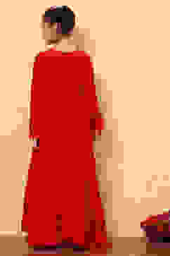 Red Jacquard Floral Self-Design Gathered Festive Gown image number 3