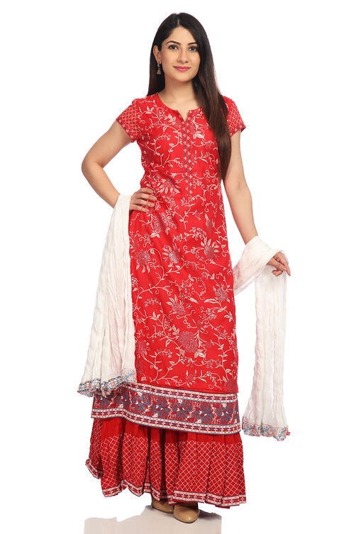 Red Poly Cotton A-Line Printed Kurta image number 4
