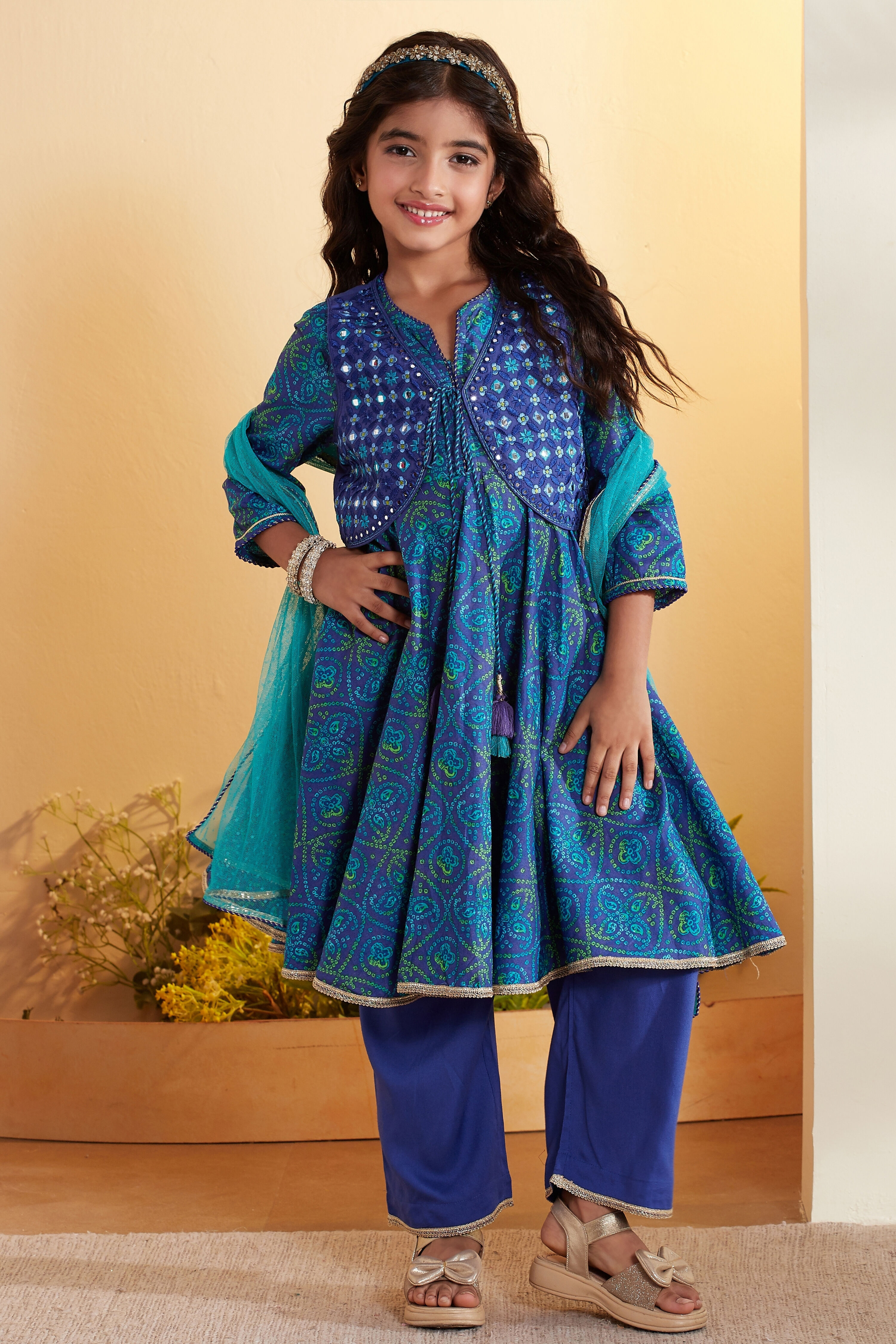 Green & Blue Cotton Printed Anarkali Kurta Set image number 7