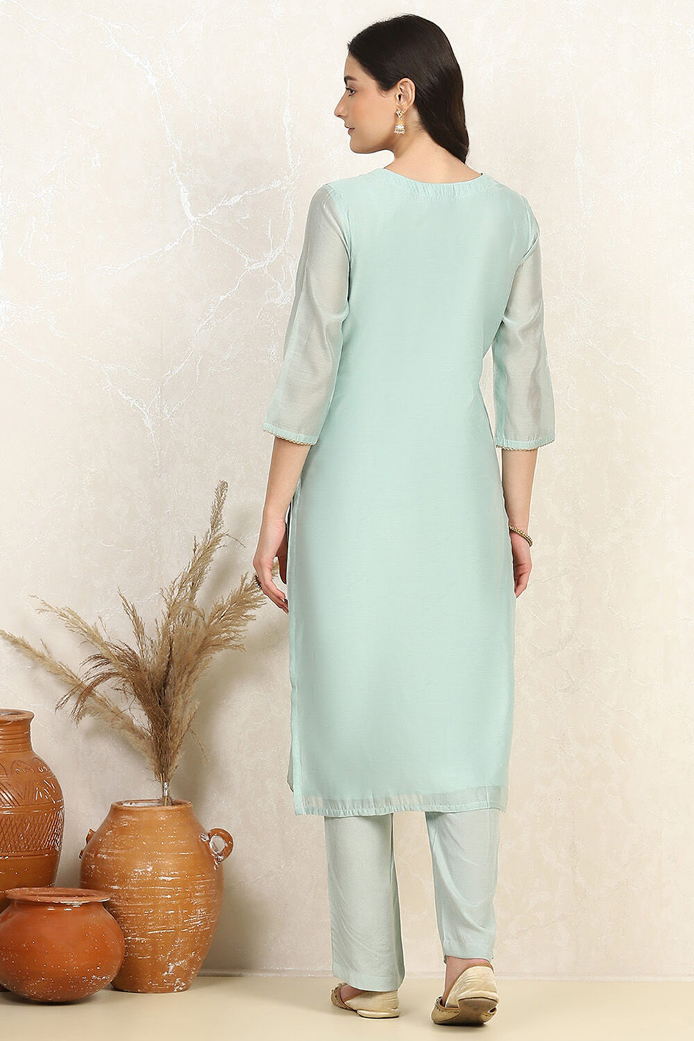 Beige Cotton Blend Machine Embroidered Unstitched Suit Set image number 5