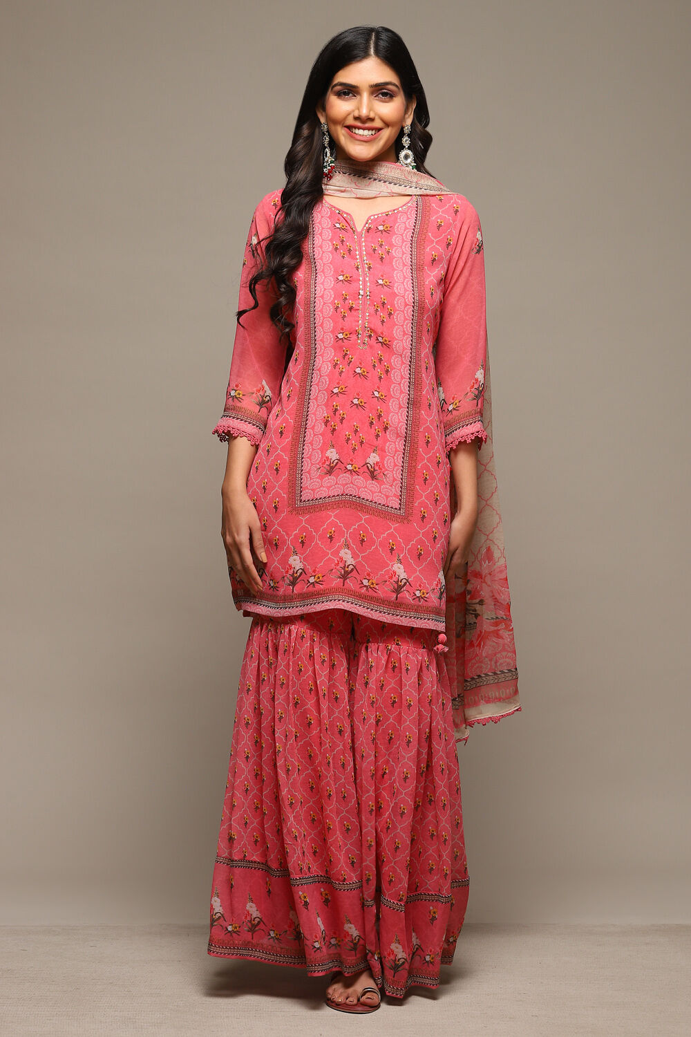 Coral Pink Cotton Blend Straight Kurta Garara Suit Set image number 7