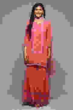 Coral Pink Cotton Blend Straight Kurta Garara Suit Set image number 7