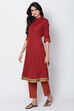 Red Cotton Flax Front Open Kurta Pant Suit Set image number 0