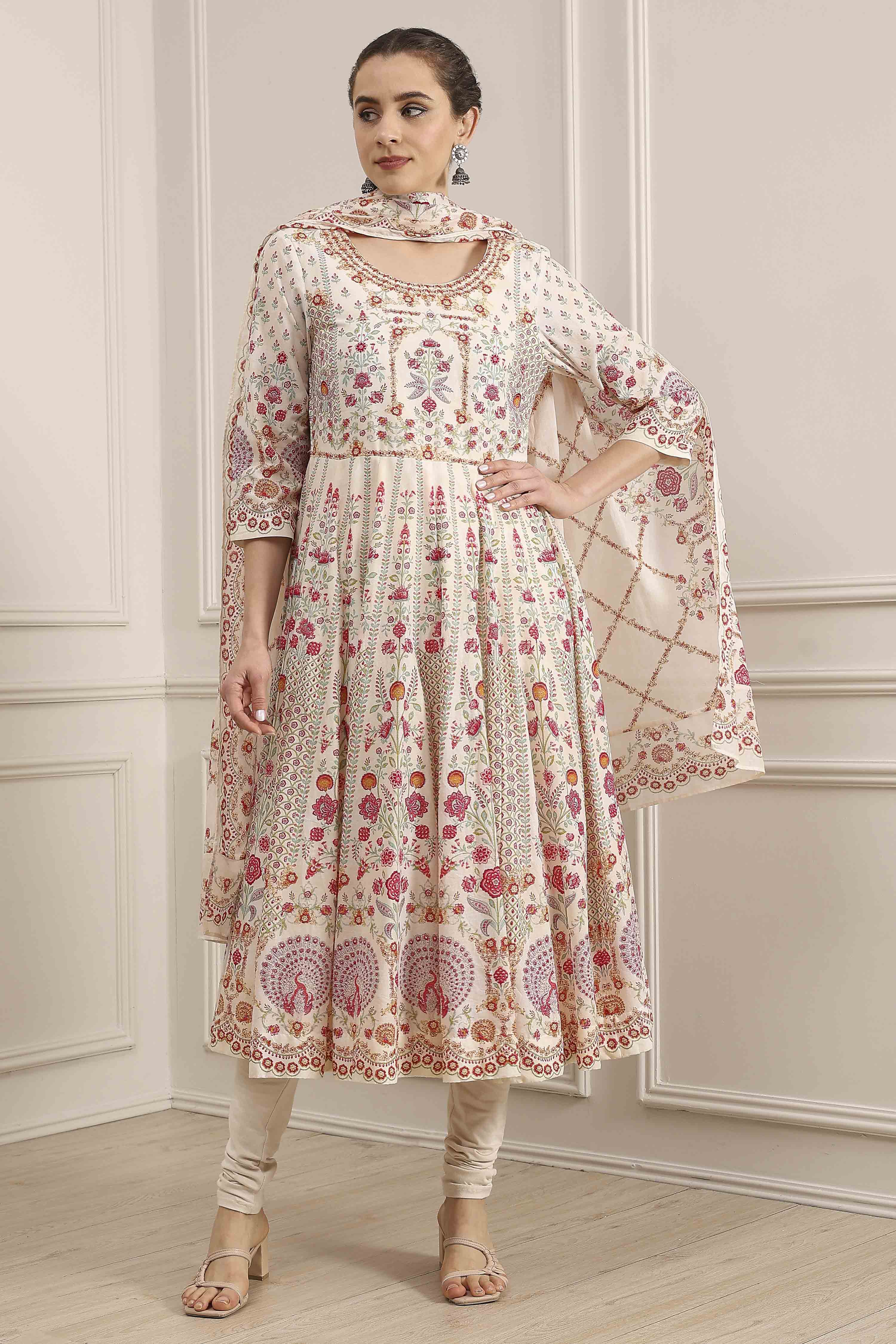 Off-White Cotton Printed Anarkali Suit Set image number 6