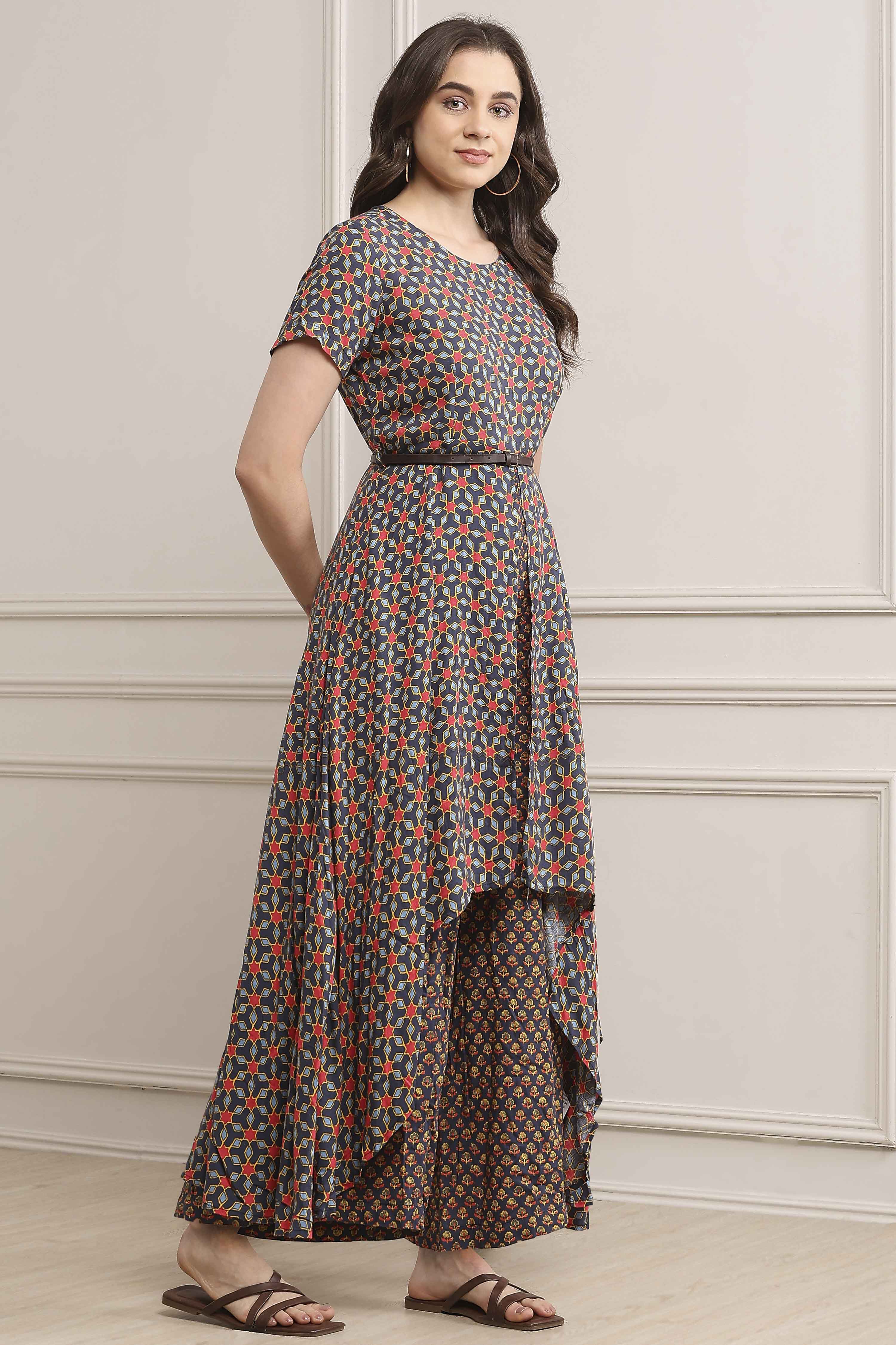 Indigo LIVA Straight Printed Jumpsuit Dress image number 4