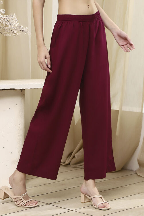 Berry Maroon Solid Straight Palazzos image number 3
