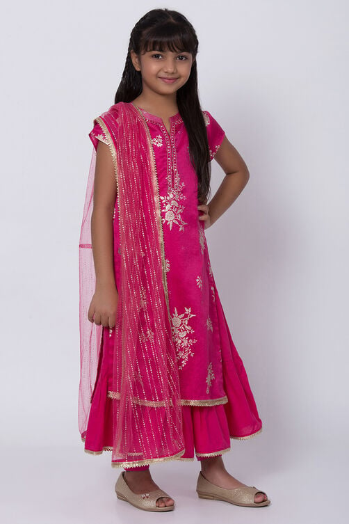 Pink Poly Cotton Double Layered Kurta Churidar Suit Set image number 4