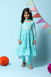 Turquoise Cotton Blend Tiered Kurta Churidar Suit Set image number 7