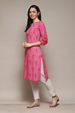 Pink Cotton Straight Printed Kurta image number 2