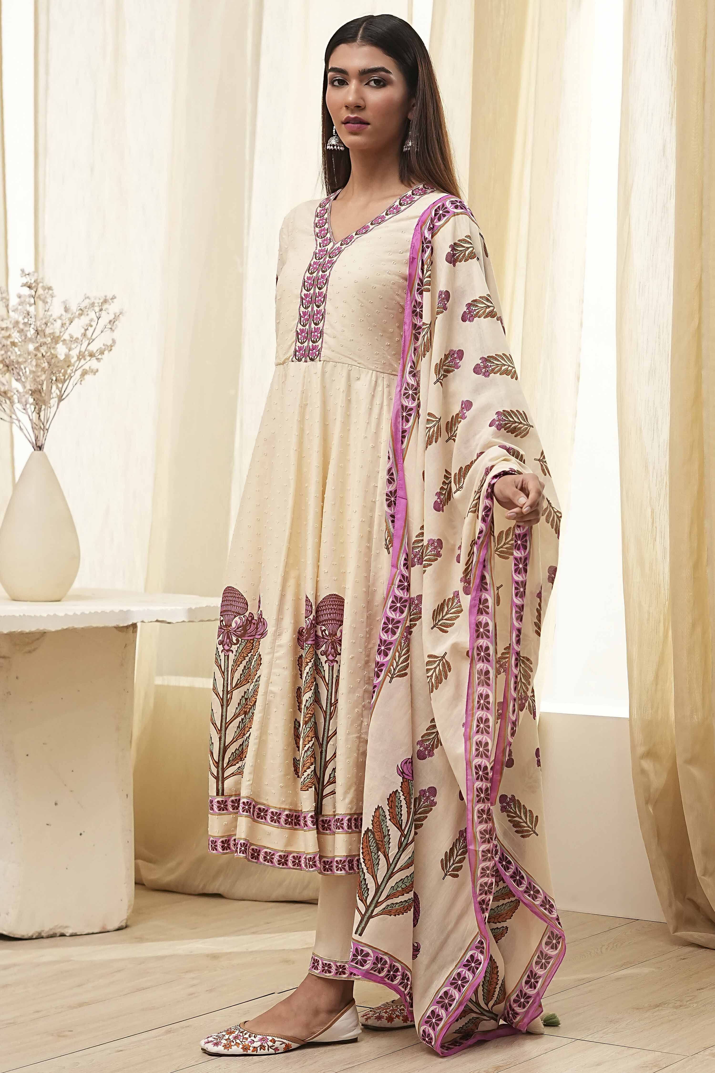 Beige Cotton Printed Anarkali Suit Set image number 3