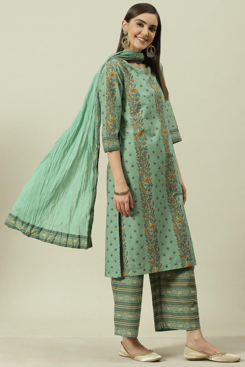Sage Green Cotton Straight Kurta Palazzo Suit Set image number 6
