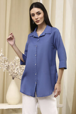 Blue Cotton Blend Straight Shirt image number 2