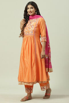 Orange Pink Cotton Silk Flared Kurta Palazzo Suit Set image number 5