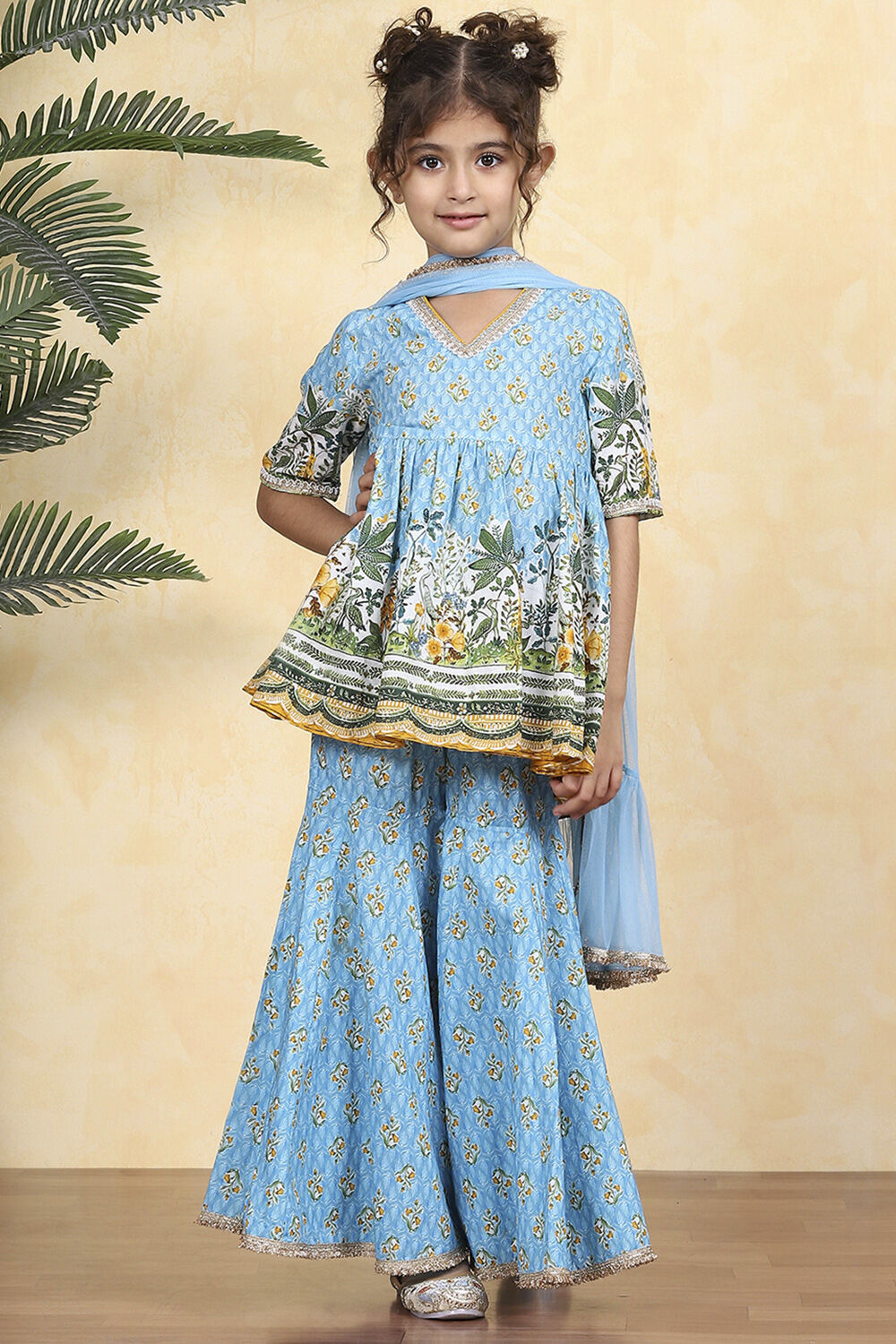 Blue Cotton Printed Straight Sharara Suit Set image number 0