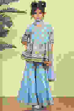 Blue Cotton Printed Straight Sharara Suit Set image number 0